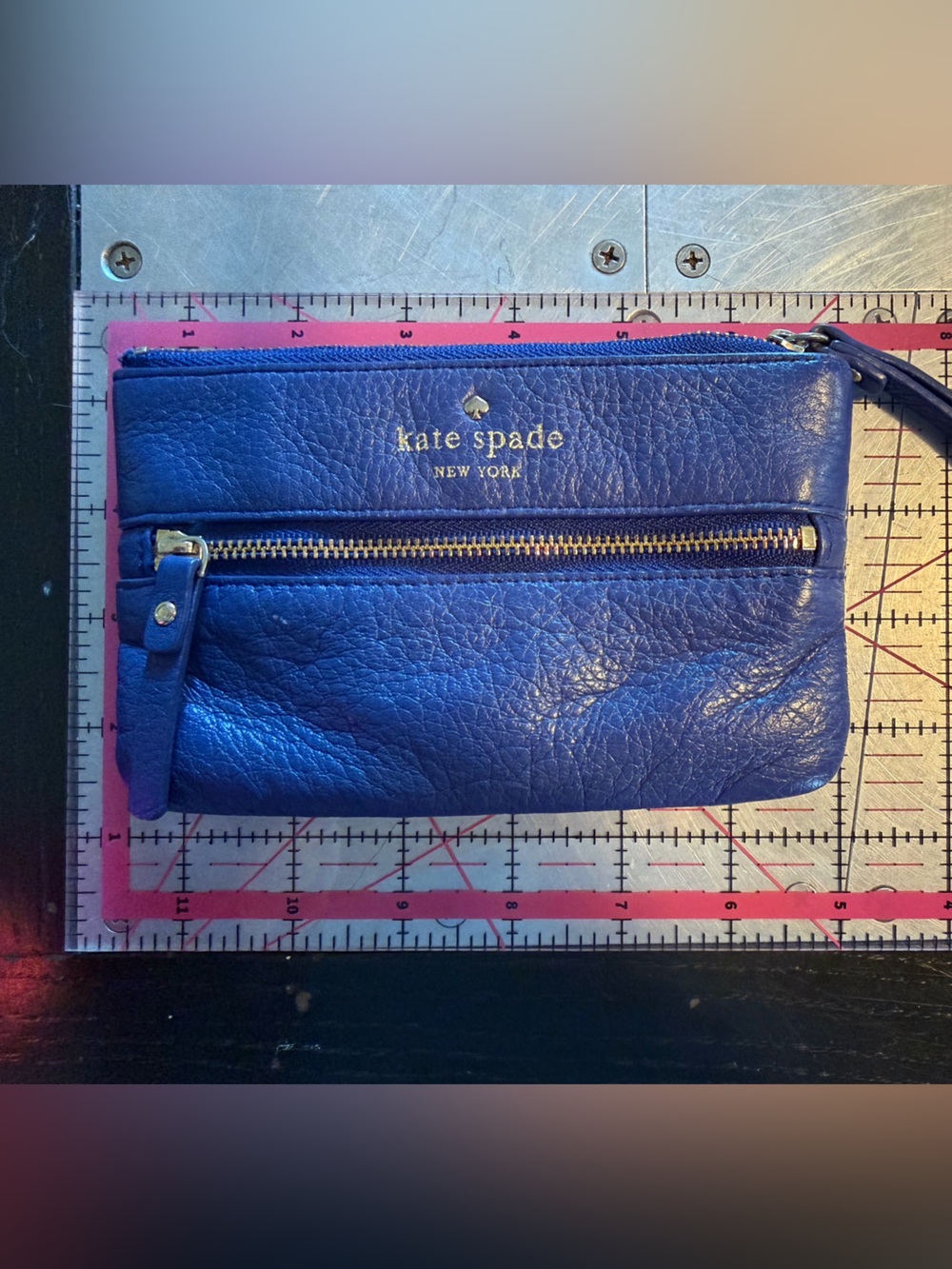 kate spade cobalt blue pebbled leather zip wallet with gold hardware